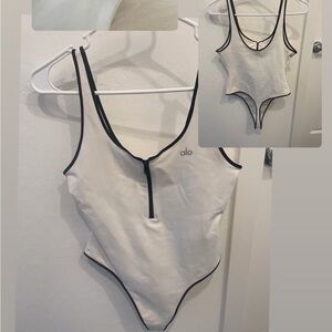 ALO Yoga White Bodysuit with Black Trim
